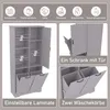A grey bathroom cabinet with its doors open, showing shelves and laundry baskets. The image is divided into sections with text overlays. Anteprima dell’immagine prodotto