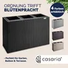 A black rattan-style planter with three compartments is shown, with smaller images of the same planter in gray, brown, and beige. Text overlays highlight features and availability. Anteprima dell’immagine prodotto