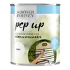 A can of paint with the brand name "SCHÖNER WOHNEN" and product name "pep up". It also shows a close-up of a hand painting a wooden chair. Produktbild-Vorschau