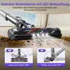 A vacuum cleaner head with LED lights cleaning up debris on a floor, with inset diagrams showing its articulation. Produktbild-Vorschau