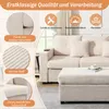 A close-up marketing image of a beige corduroy sofa with an ottoman, highlighting its features with text overlays and inset images. Anteprima dell’immagine prodotto