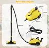 A yellow steam cleaner with various accessories and dimensions labeled. Produktbild-Vorschau