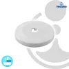 A white circular product with a hole in the center, presented on a white and light gray background with graphic elements. Produktbild-Vorschau