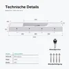 Technical details and dimensions of a sink, along with included accessories. Produktbild-Vorschau
