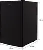 A black Syntrox refrigerator is shown from a three-quarter angle, with dimensions indicated by lines and text. Anteprima dell’immagine prodotto