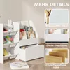 A white children's bookshelf with storage bins and books displayed, alongside close-up marketing images highlighting product features. Produktbild-Vorschau