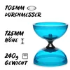 A blue diabolo is shown on a white background with text indicating its dimensions and weight. Produktbild-Vorschau