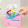 A hand is shown operating a pink toy record player with colorful arrows indicating 360-degree rotation. Produktbild-Vorschau