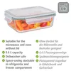 A glass food storage container filled with chopped vegetables, with feature descriptions in English and German below. Produktbild-Vorschau