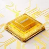 A close-up, angled view of a golden, multi-layered electronic component, possibly a processor or chip, with the word 'WEKOME' inscribed on its top surface. It is set against a white background with yellow circuit board-like lines. Voir les images du produit