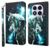 A product image showing a phone case with a wolf design, displayed in an open and closed state. Produktbild-Vorschau