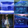 A collage of four images showing blue LED net lights used for decoration in various outdoor settings, including around an umbrella, a patio table, and on a balcony, with one image featuring a young girl holding a basket of flowers. Náhled obrázku produktu