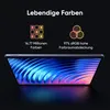 A tablet displaying a colorful abstract image, with marketing text and icons above it. Produktbild-Vorschau