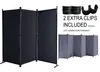 A product image showing a black 3-panel room divider and a smaller inset image of three gray room dividers, along with marketing text and accessory images. Produktbild-Vorschau