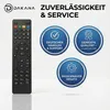 A remote control with marketing badges highlighting its features and benefits. Produktbild-Vorschau