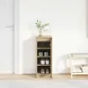 A tall, narrow shoe cabinet with several shelves, placed in a hallway next to a white door. There are shoes on some of the shelves. A vase with greenery and a framed picture are on top of the cabinet. Another shoe rack is visible to the right. Anteprima dell’immagine prodotto
