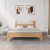 A bedroom scene with a wooden bed frame and two white nightstands. Náhled obrázku produktu
