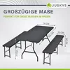 A black folding table and two benches are displayed with dimensions indicated by text overlays. Produktbild-Vorschau
