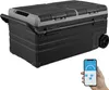 A black and gray portable cooler with wheels and a handle, shown with a smartphone displaying a temperature control app. Produktbild-Vorschau