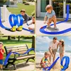 Collage of four scenes showing children and families playing with a blue toy car track set in various outdoor and beach settings. Náhled obrázku produktu
