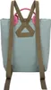 The back view of a light blue backpack with pink handles and brown straps. Voir les images du produit