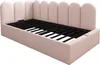 A pink upholstered bed frame with a slatted mattress base, shown from a side angle against a white background. Náhled obrázku produktu