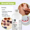 A collage of images showing a bottle of ultrasonic cleaner, jewelry, sunglasses, and dentures. Produktbild-Vorschau