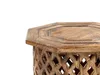 A close-up view of the top and side of a wooden side table with an octagonal top and a carved geometric pattern on the side. Produktbild-Vorschau