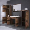 A modern bathroom vanity set with a sink, mirror, and storage cabinets made of distressed wood. Voir les images du produit