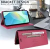 A smartphone case is shown in two configurations: one as a stand for the phone, and the other as a wallet with card slots. Produktbild-Vorschau