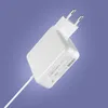 A white power adapter with a white cable against a light purple background. Produktbild-Vorschau