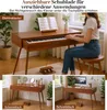A collage showing a digital piano in use, and then as a desk and a vanity table. Produktbild-Vorschau