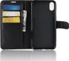 A black leather wallet-style phone case is shown open, displaying card slots and a bill compartment on the left and the phone holder on the right. Produktbild-Vorschau