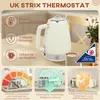A cream-colored electric kettle and toaster set are displayed on a table, with various feature callouts and a Strix Technology logo. Produktbild-Vorschau
