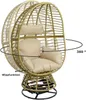 A beige polyrattan egg-shaped lounge chair with cushions, shown in a rotating 360-degree view and with a rocking function indicated. Produktbild-Vorschau