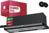 A black range hood is shown with marketing labels and accessories. Produktbild-Vorschau