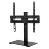 A black universal TV stand with a flat base and a vertical support holding a TV mount. Produktbild-Vorschau