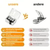 A comparison of two types of batteries and their features, presented in a marketing style with checkmarks and crosses. Produktbild-Vorschau