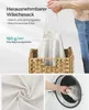 A collage showing a laundry basket with a removable liner, a close-up of the fabric, and a hand placing the liner into a washing machine. Produktbild-Vorschau