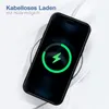 A smartphone is shown wirelessly charging on a charging pad, with a charging animation displayed on the screen. Produktbild-Vorschau