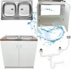 Collage of kitchen sink parts including a double sink, a cabinet, and plumbing components. Podgląd zdjęcia produktu