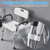 A shower chair with a shower head holder and a close-up view of the shower head holder mechanism. Produktbild-Vorschau
