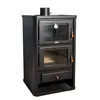 A black wood-burning stove with a glass door and a built-in oven, shown against a white background. Anteprima dell’immagine prodotto