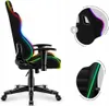 A black gaming chair with RGB LED lighting is shown in a side profile view, with two close-up insets detailing parts of the chair. Anteprima dell’immagine prodotto