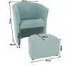 A mint green armchair with an accompanying ottoman, both featuring measurement annotations. Podgląd zdjęcia produktu