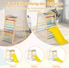 Collage showing a wooden indoor playground with a slide, climbing net, and ladder, with different height settings for the slide. Náhled obrázku produktu