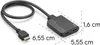 A black HDMI splitter with two output ports and an input cable is shown on a white background with dimension lines and measurements. Voir les images du produit
