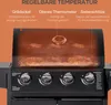 A close-up view of a gas grill with its lid open, showing internal components and heat effects, accompanied by descriptive text. Produktbild-Vorschau