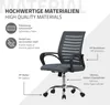 A gray ergonomic office chair is displayed with text overlays and icons detailing its materials and features. Produktbild-Vorschau