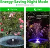 A split image showing a solar-powered fountain in a bird bath during the day and at night. Produktbild-Vorschau